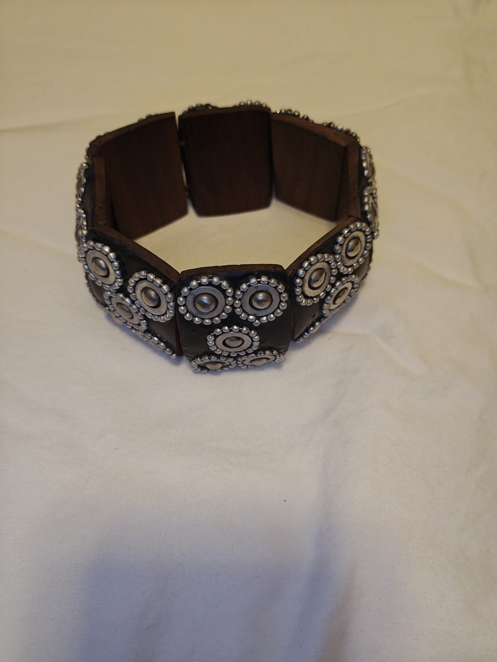 Wood & Silver Beaded Stretch Bracelet - Brown